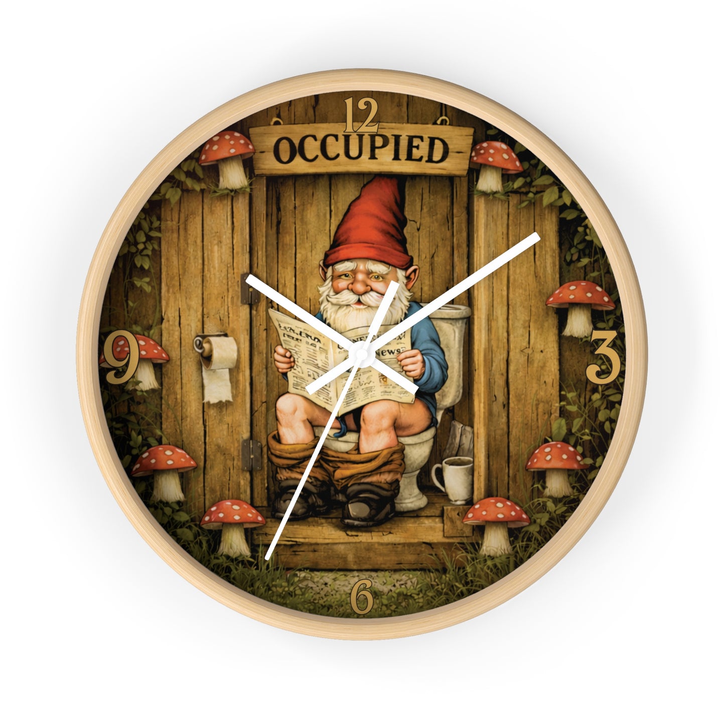 Funny Gnome Toilet Wall Clock – “Occupied” Bathroom Decor 10"