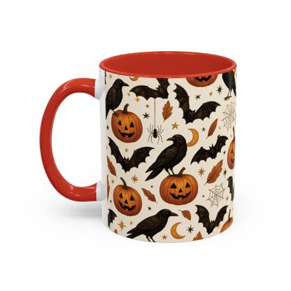 Halloween Raven & Pumpkin Color Accent Mug – Gothic Crow, Bats & Jack-o’-Lantern Coffee Cup (11oz & 15oz) – Spooky Autumn Drinkware