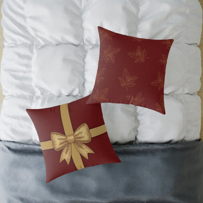 Red & Gold Gift Box Throw Pillow – Holiday Present Canvas Cushion with Holly Back