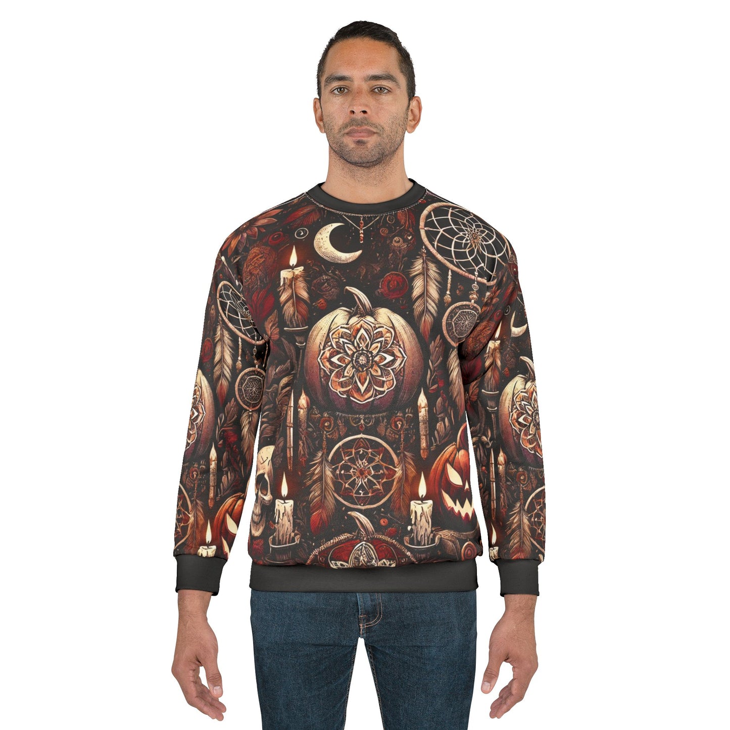 Midnight Samhain AOP Unisex Sweatshirt | Gothic Halloween Pumpkins, Candles & Dreamcatchers | Dark Fall Aesthetic | Free Worldwide Shipping