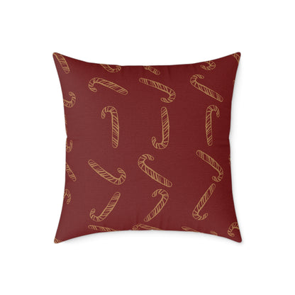 Vintage Fireplace Christmas Throw Pillow – Red & Gold Mantel with Candy Cane Pattern Back