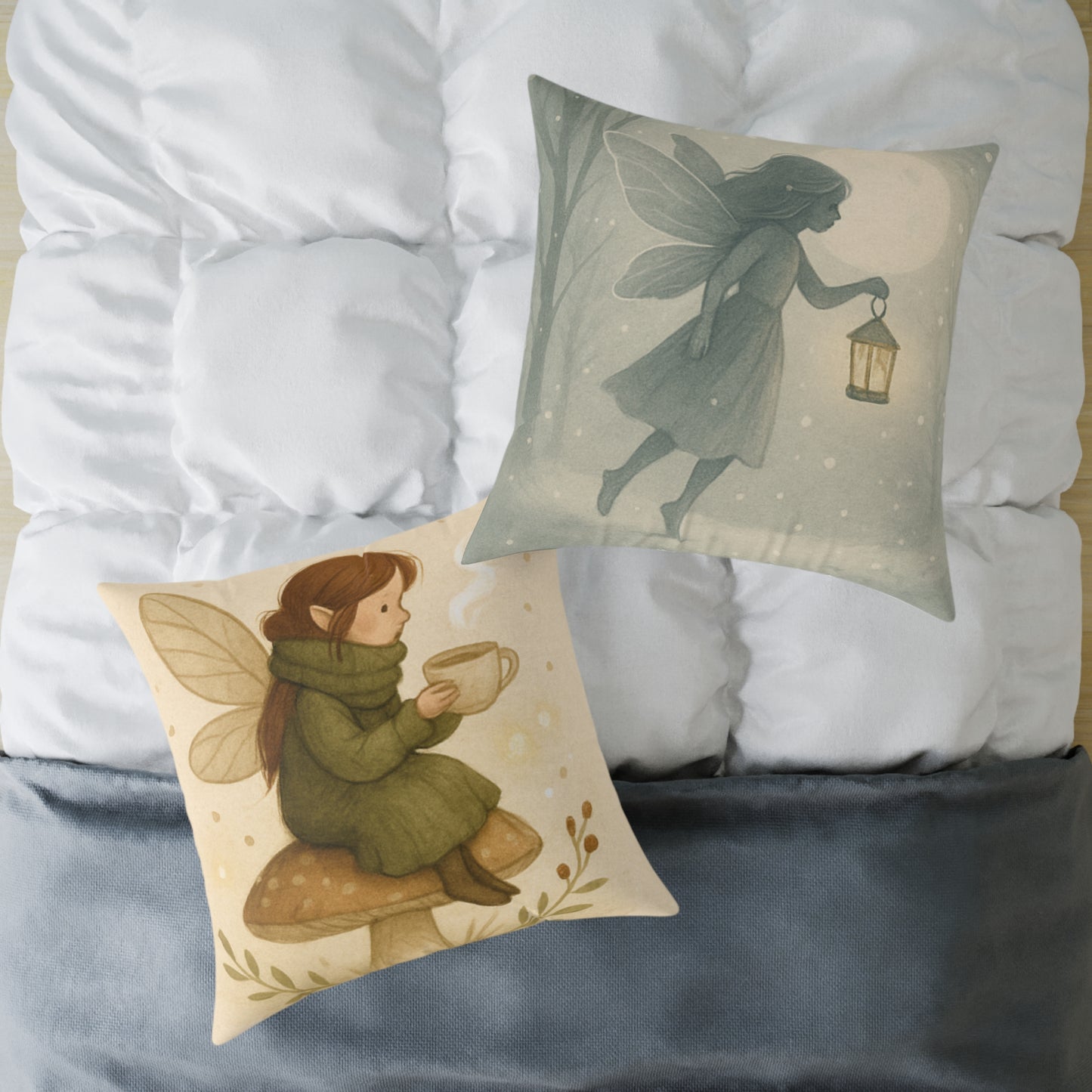 Cozy Winter Fairy Throw Pillow – Tea on a Toadstool & Lantern Fairy Canvas Cushion