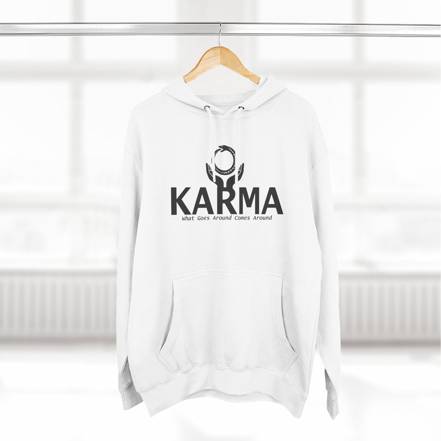Karma Hoodie — “What Goes Around Comes Around” Minimalist Spiritual Quote Hoodie (Lane Seven Premium Fleece)
