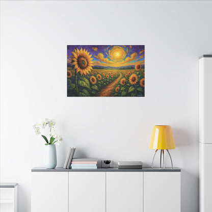 Sunflower Field Canvas Wall Art – Vibrant Golden Blooms, Van Gogh Inspired Sky, Horizontal Landscape Print