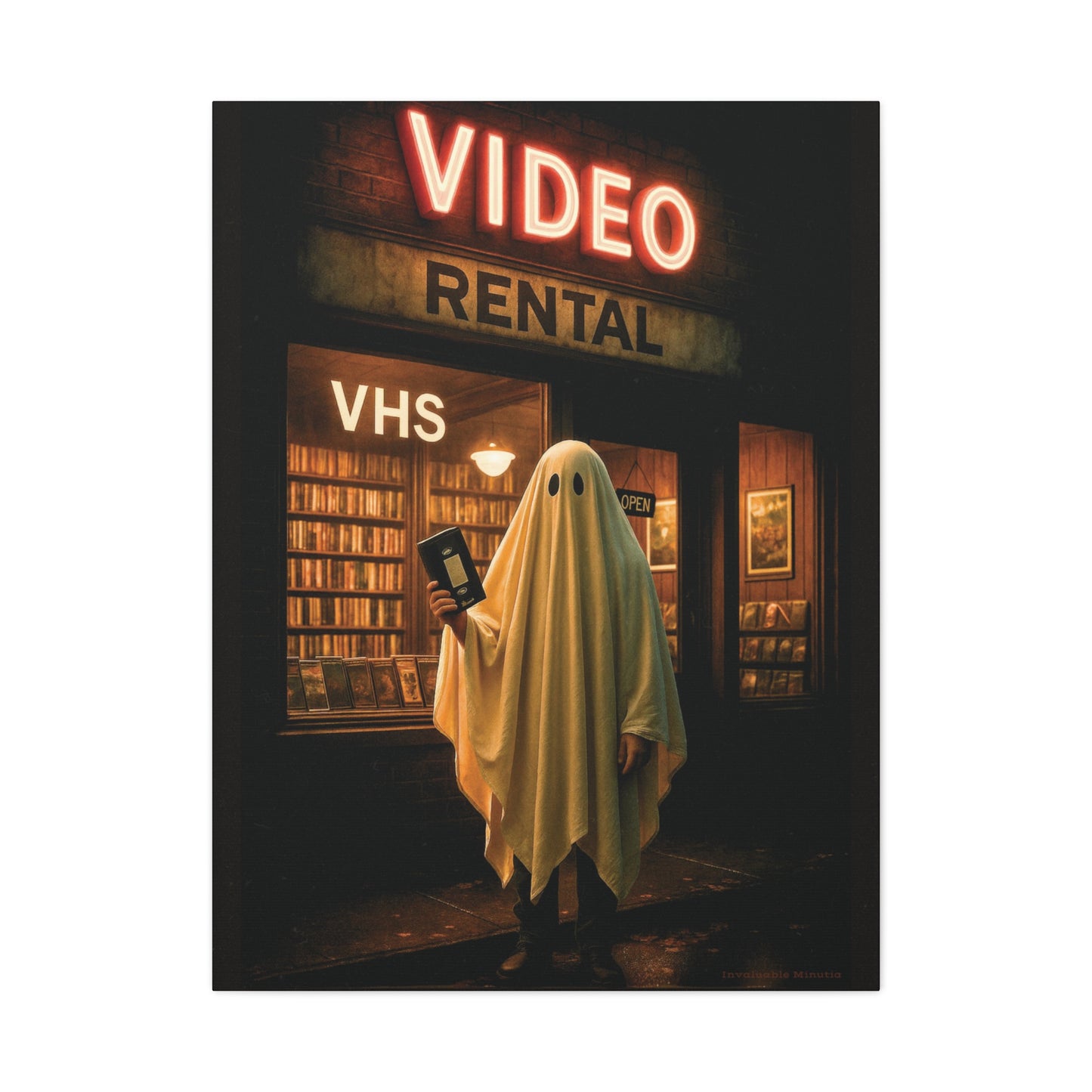 Retro Video Rental Ghost – VHS Nostalgia Matte Stretched Canvas Wall Art | 90s Spooky Decor