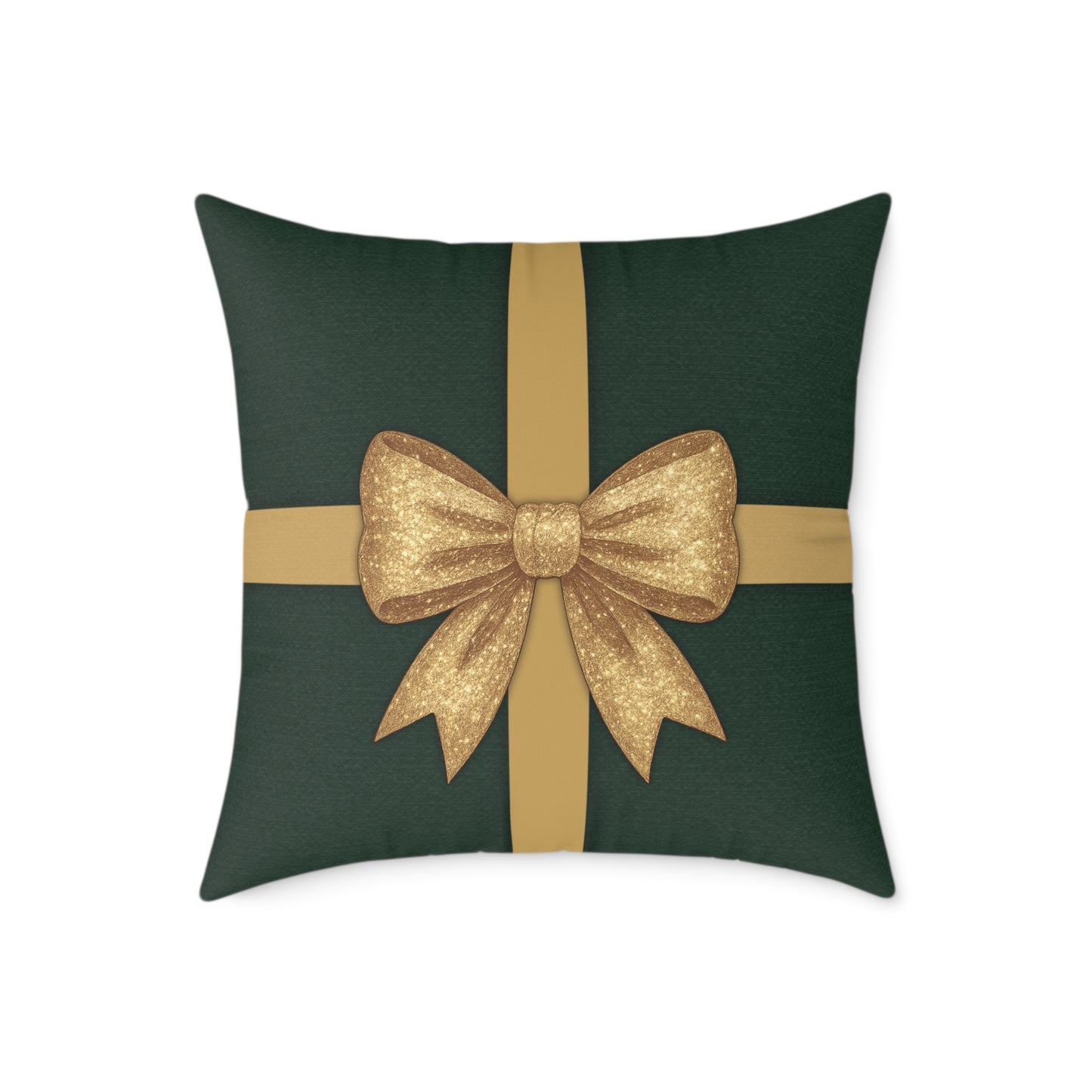 Emerald Gift Box Throw Pillow – Green & Gold Present with Pine Tree Pattern Back