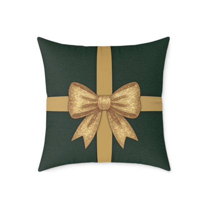 Emerald Gift Box Throw Pillow – Green & Gold Present with Pine Tree Pattern Back