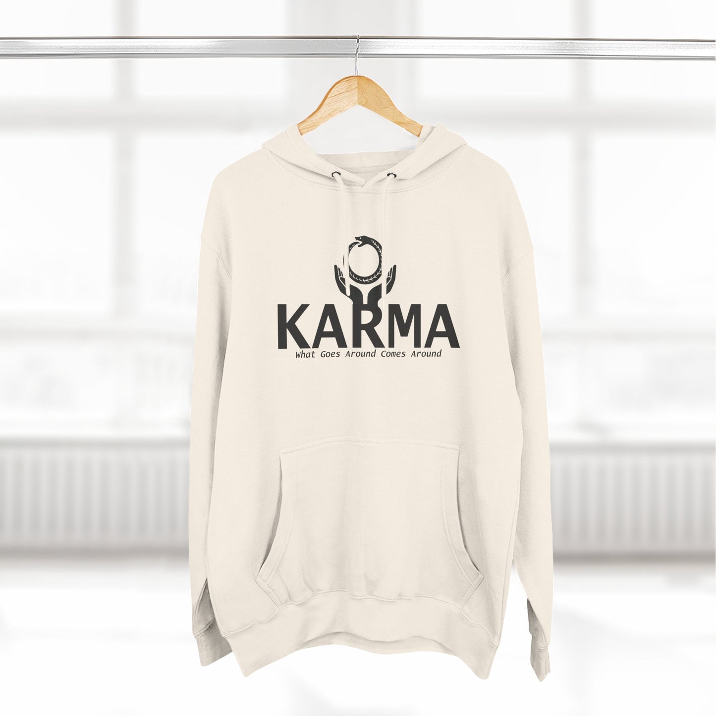Karma Hoodie — “What Goes Around Comes Around” Minimalist Spiritual Quote Hoodie (Lane Seven Premium Fleece)