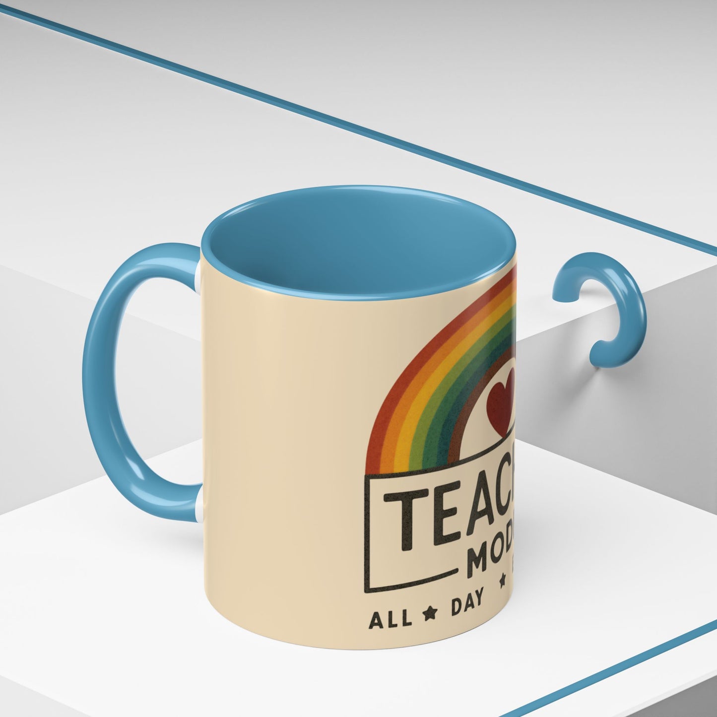 Teacher Mode – Color Accent Mug (11oz/15oz) • Rainbow Heart • Teacher Gift • Dishwasher & Microwave Safe