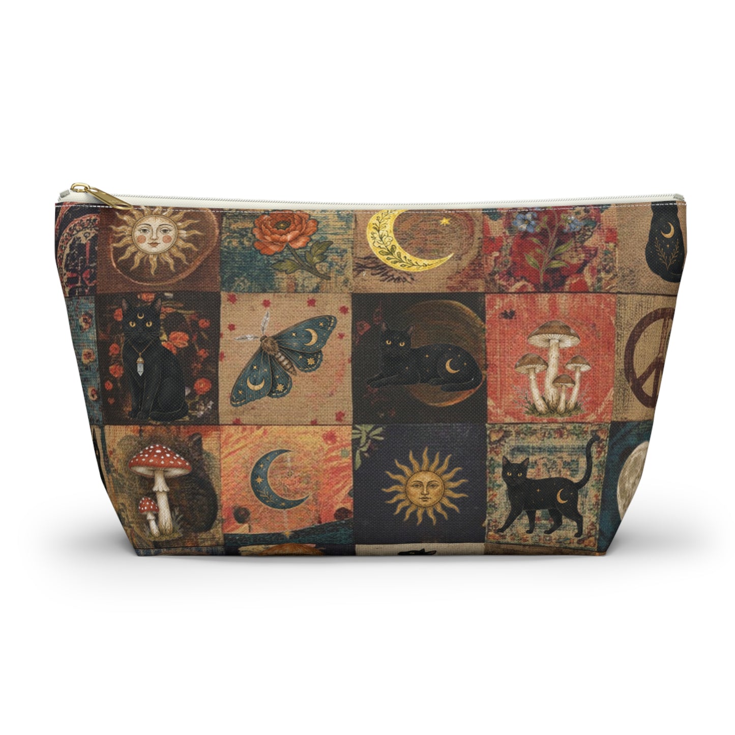 Witchy Patchwork Accessory Pouch – Black Cat Moon Mushroom Cosmetic Bag