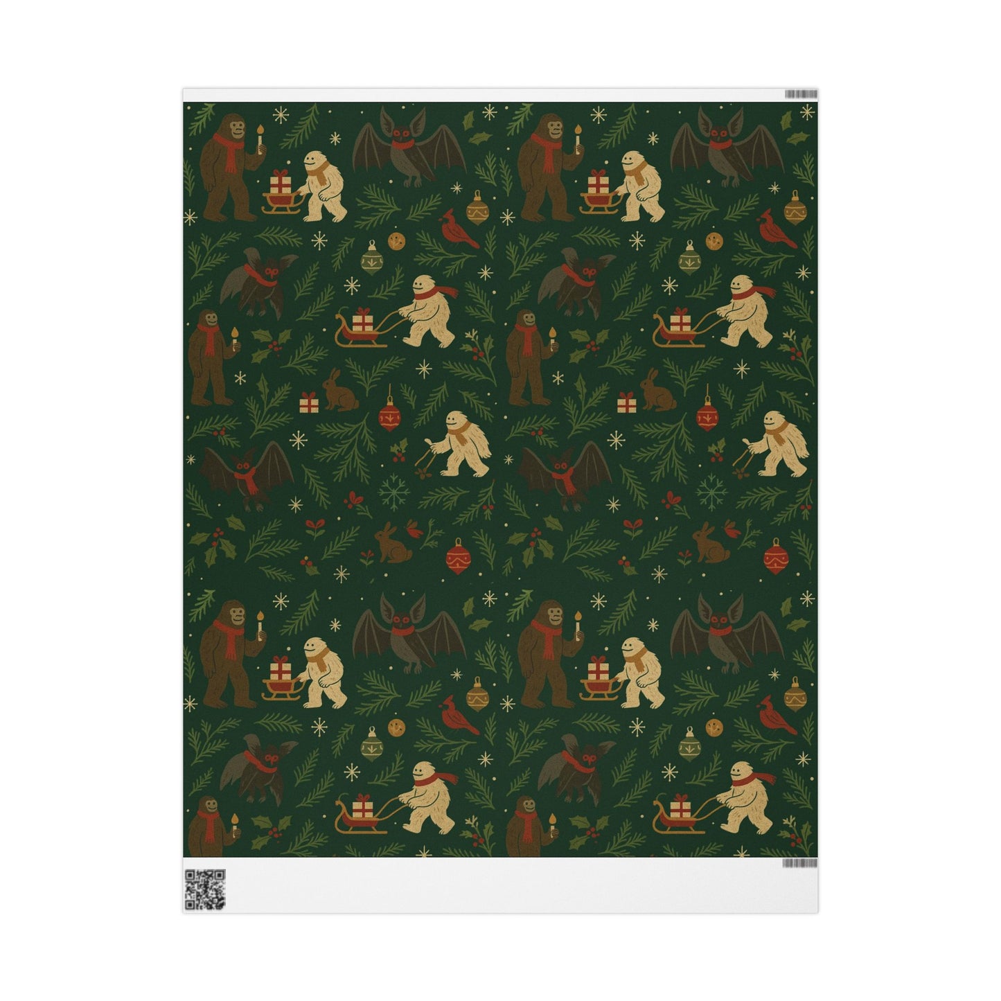 Cryptid Christmas Parade – Luxury Holiday Wrapping Paper, Folk-Art Bigfoot & Mothman Gift Wrap, 30" Roll (Matte/Gloss)