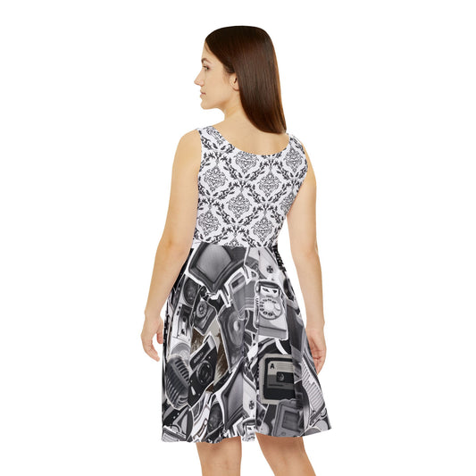 📺 Dead Airwaves Skater Dress – Damask Meets Tech Graveyard