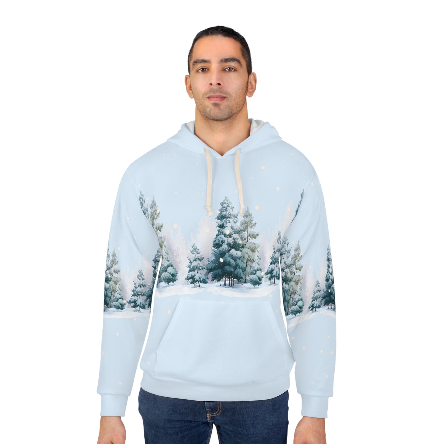 Winter Pines AOP Hoodie – Snowy Christmas Tree Unisex Holiday Pullover