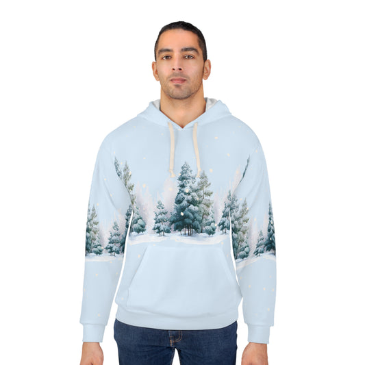 Winter Pines AOP Hoodie – Snowy Christmas Tree Unisex Holiday Pullover