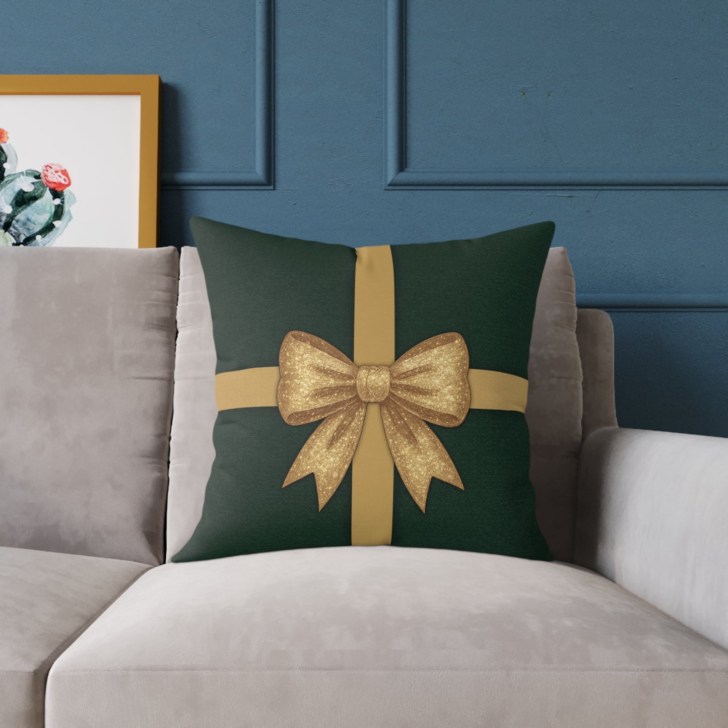 Emerald Gift Box Throw Pillow – Green & Gold Present with Pine Tree Pattern Back