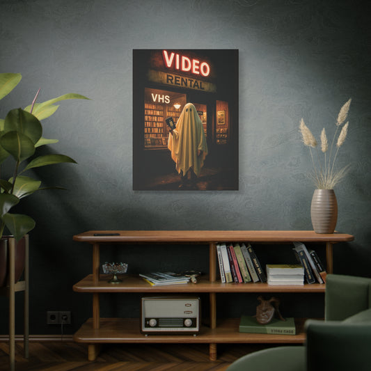 Retro Video Rental Ghost – VHS Nostalgia Matte Stretched Canvas Wall Art | 90s Spooky Decor