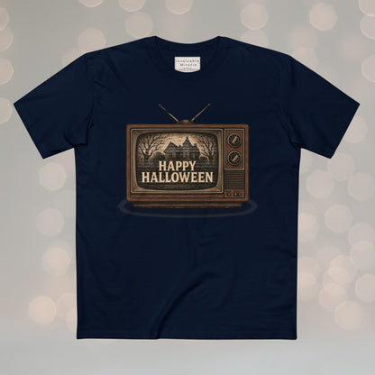 Retro TV Happy Halloween – Vintage Halloween T-Shirt | Illustrated Gothic Horror Tee | Premium AS Colour Unisex