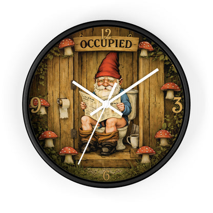 Funny Gnome Toilet Wall Clock – “Occupied” Bathroom Decor 10"