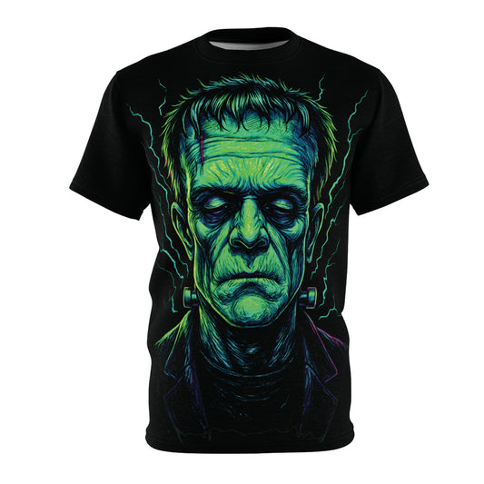 Frankenstein's Monster AOP Halloween T-Shirt – Electric Neon Green Extra Large Print Tee (All-Over Print)