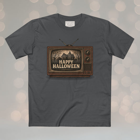 Retro TV Happy Halloween vintage unisex T-shirt with illustrated gothic horror design. Premium AS Colour tee with nostalgic Halloween vibe. Boutique spooky fashion by Invaluable Minutia.