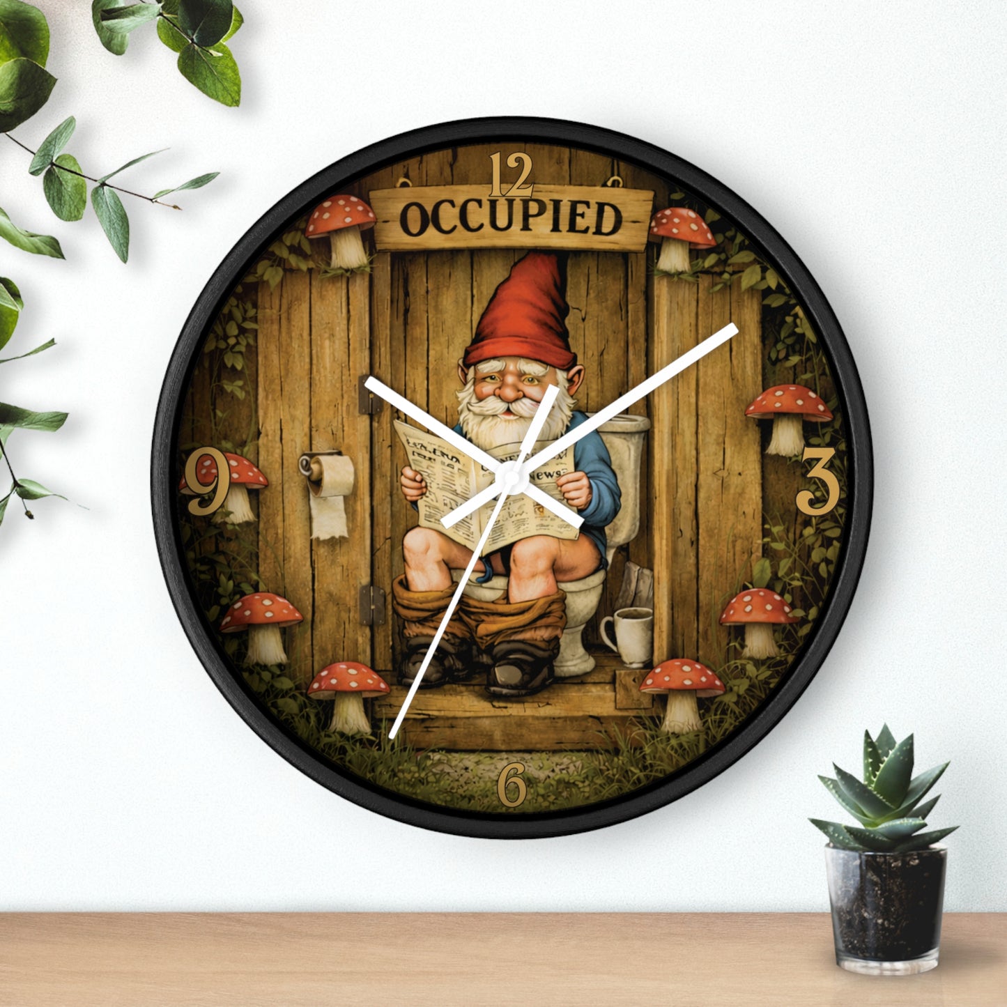 Funny Gnome Toilet Wall Clock – “Occupied” Bathroom Decor 10"