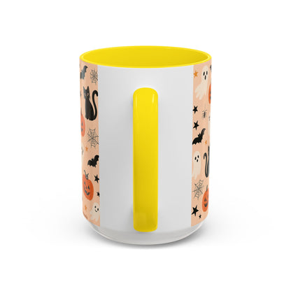 Halloween Color Accent Mug – Ghosts, Pumpkins & Black Cats, Fall Coffee Cup (11oz & 15oz) – Boutique Spooky Season Drinkware