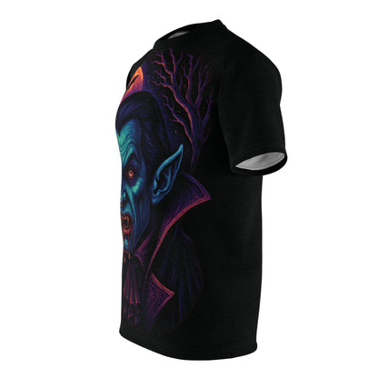 Vampire AOP Halloween T-Shirt – Neon Bloodthirsty Count Extra Large Print Tee (All-Over Print)
