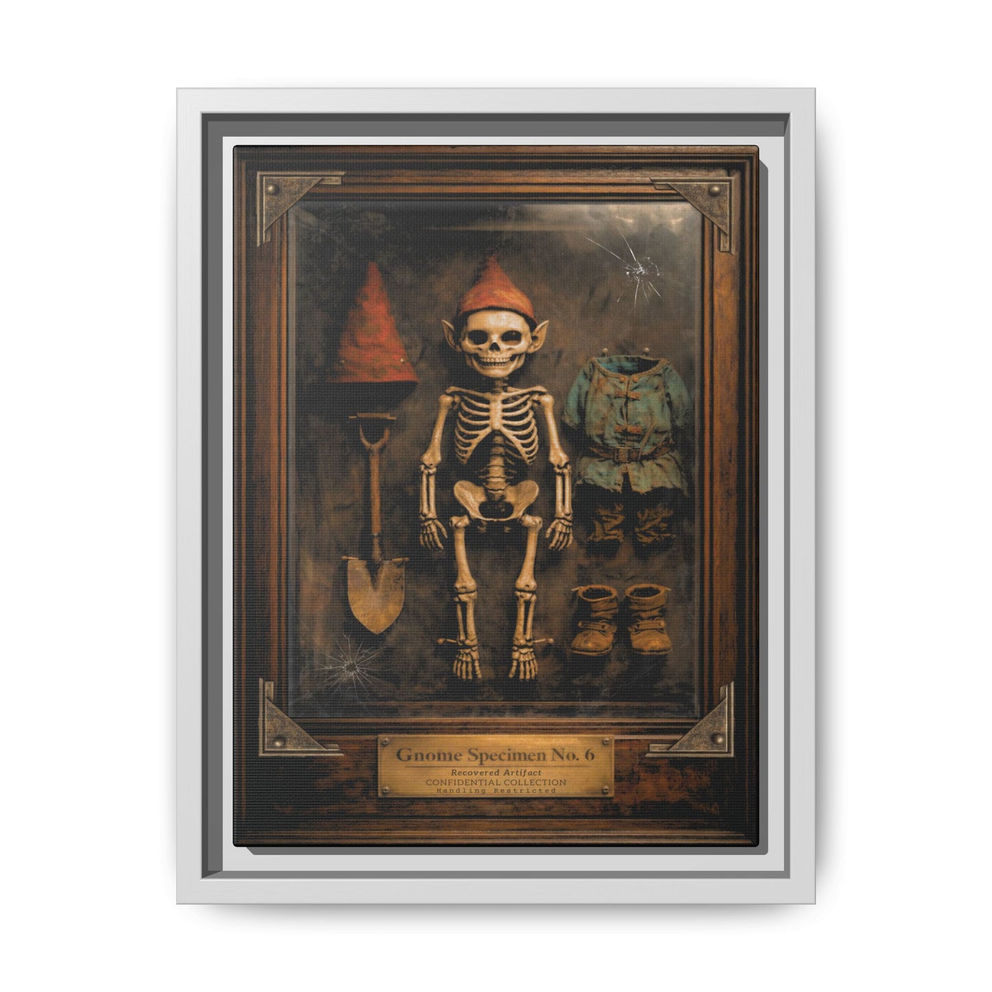 Gnome Specimen No. 6 Framed Canvas Print – Dark Curiosity Cabinet Wall Art, Gothic Skeleton Gnome Decor