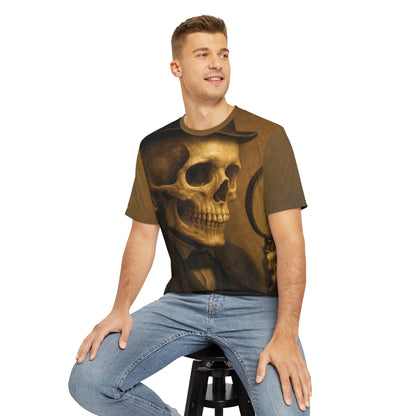 Skeleton Sleuth – Gothic AOP Unisex T-Shirt | Vintage Detective Skull Tee