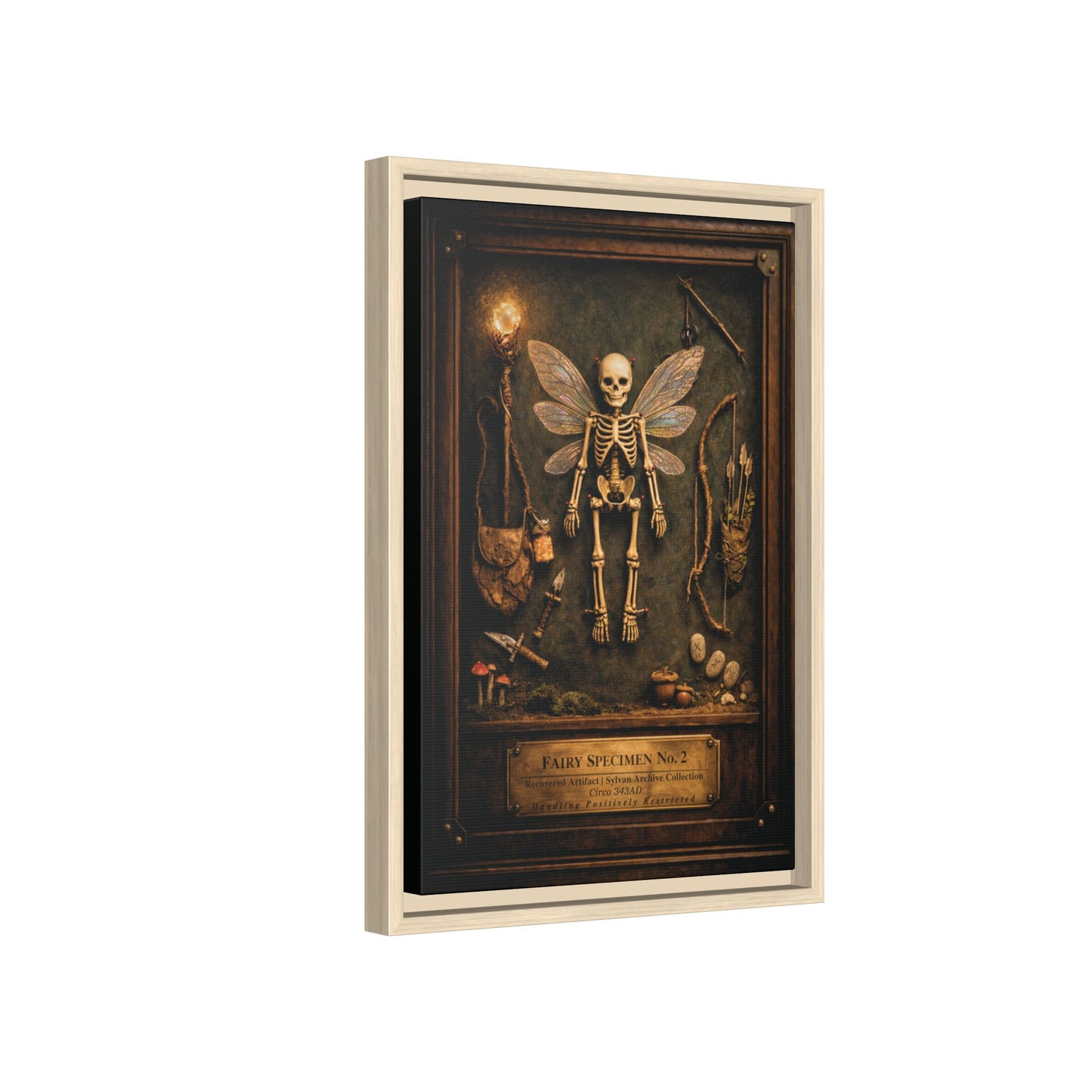 Fairy Specimen No. 2 Framed Canvas Print – Skeletal Fairy Wall Art, Dark Curiosity Cabinet Decor