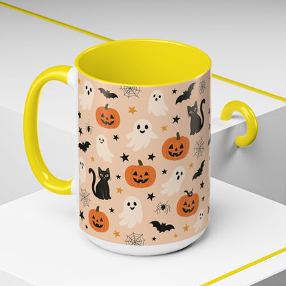Halloween Color Accent Mug – Ghosts, Pumpkins & Black Cats, Fall Coffee Cup (11oz & 15oz) – Boutique Spooky Season Drinkware