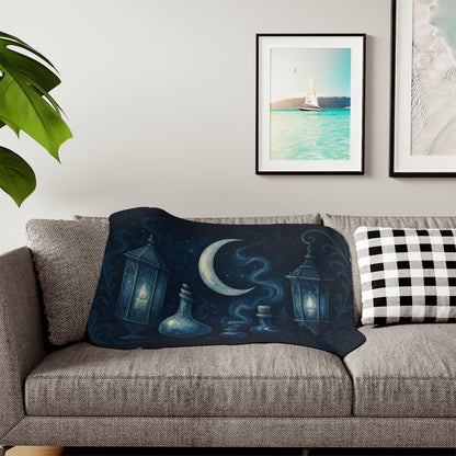 Witchy Winter Sherpa Blanket – Crescent Moon, Lanterns & Potion Bottles
