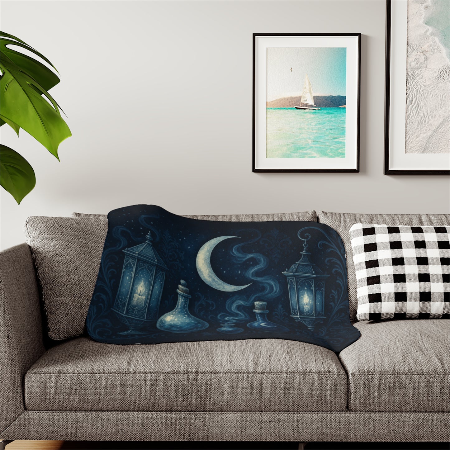 Witchy Winter Sherpa Blanket – Crescent Moon, Lanterns & Potion Bottles