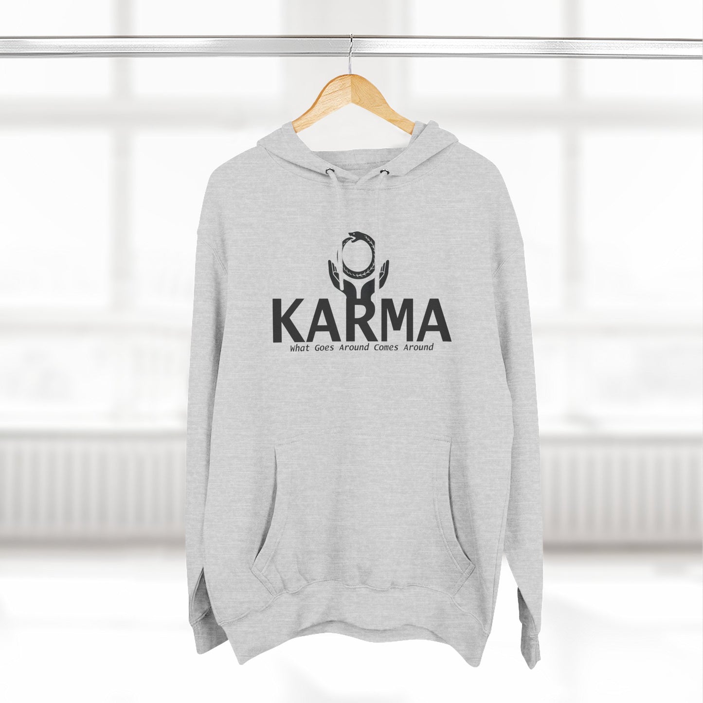 Karma Hoodie — “What Goes Around Comes Around” Minimalist Spiritual Quote Hoodie (Lane Seven Premium Fleece)