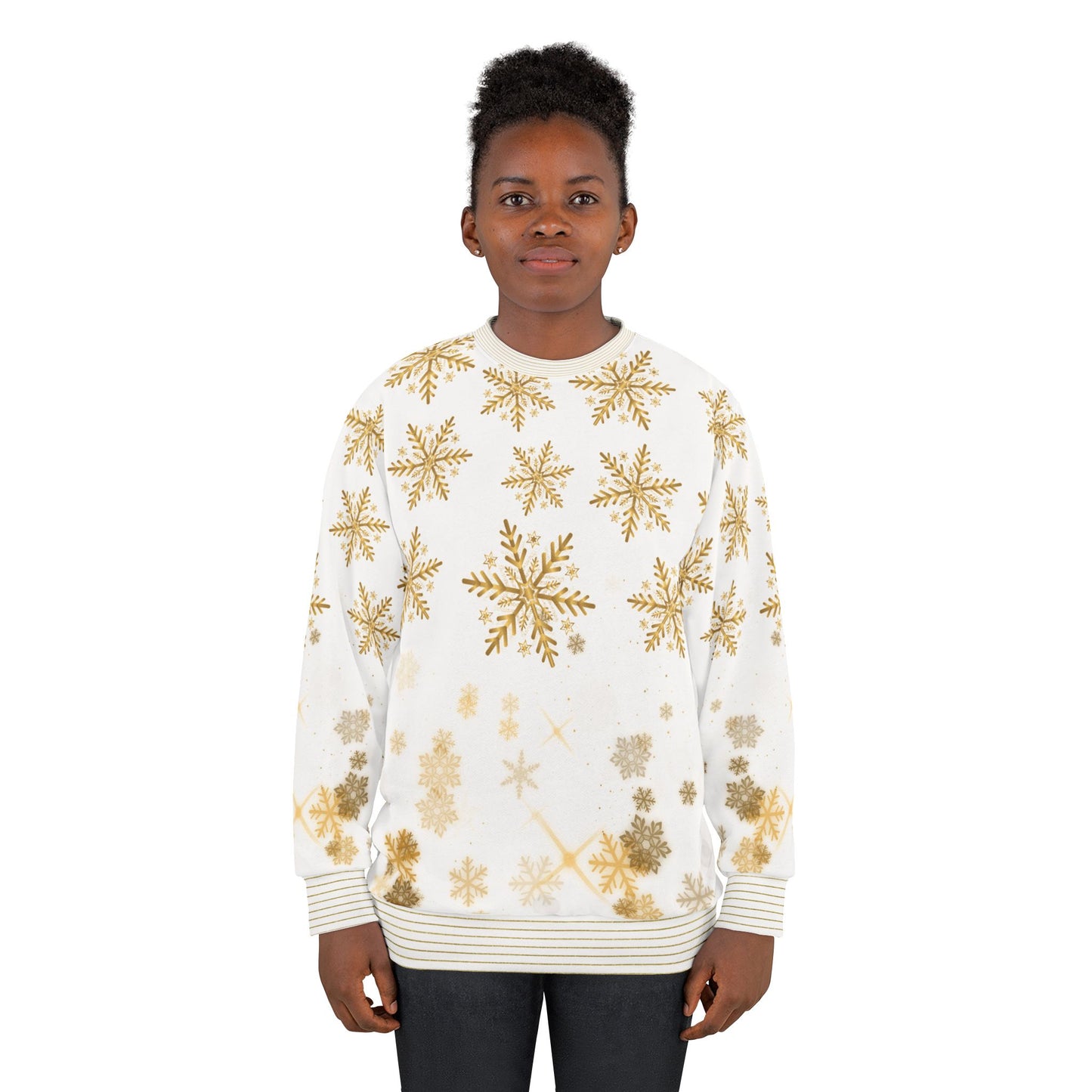 Golden Snowflakes AOP – Premium Holiday Crewneck Sweatshirt | Invaluable Minutia