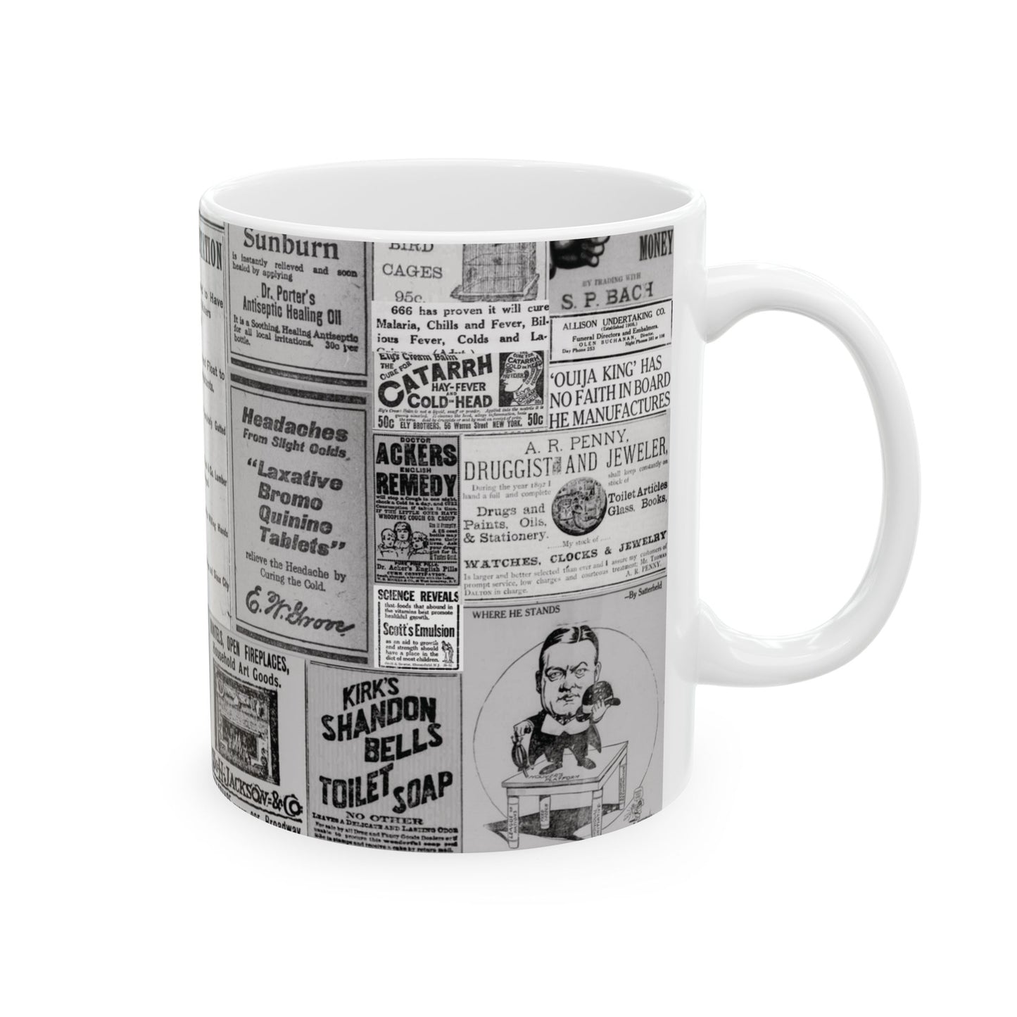 Occult Americana Coffee Tea Mug | 1800s Early 1900s Vintage Newspaper Ad Collage Ceramic Mug 2 - 11oz and 15oz