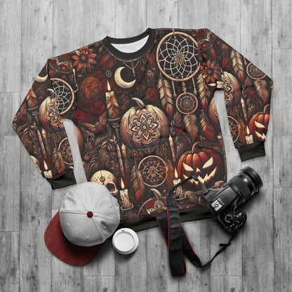Midnight Samhain AOP Unisex Sweatshirt | Gothic Halloween Pumpkins, Candles & Dreamcatchers | Dark Fall Aesthetic | Free Worldwide Shipping