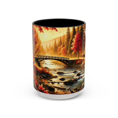 15oz Cozy Autumn Forest Cabin Mug Scene - Front View | Fall Vibes Accent Coffee Mug (11oz/15oz) | Invaluable Minutia