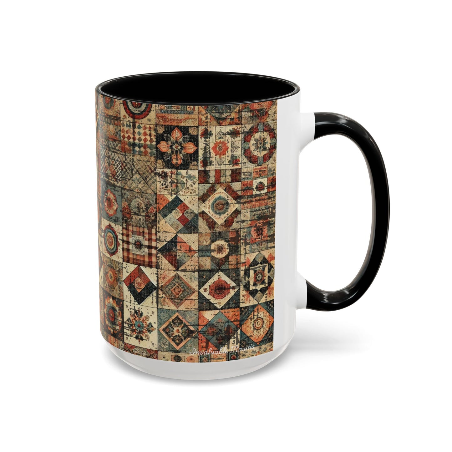 Right View. 15oz Black accent BOHO Patchwork Mug Mockup. Invaluable Minutia