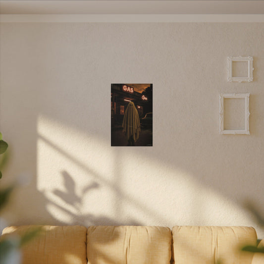 Ghost Gas Station Canvas Print – Retro Halloween Wall Art | Spooky Ghostcore Decor, Vintage Horror Aesthetic, Vertical Canvas