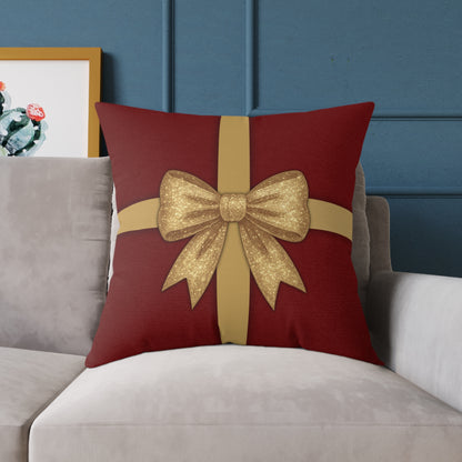 Red & Gold Gift Box Throw Pillow – Holiday Present Canvas Cushion with Holly Back