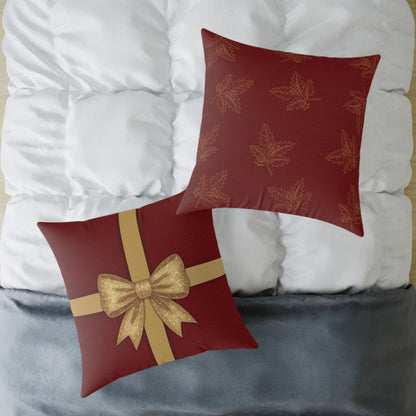 Red & Gold Gift Box Throw Pillow – Holiday Present Canvas Cushion with Holly Back