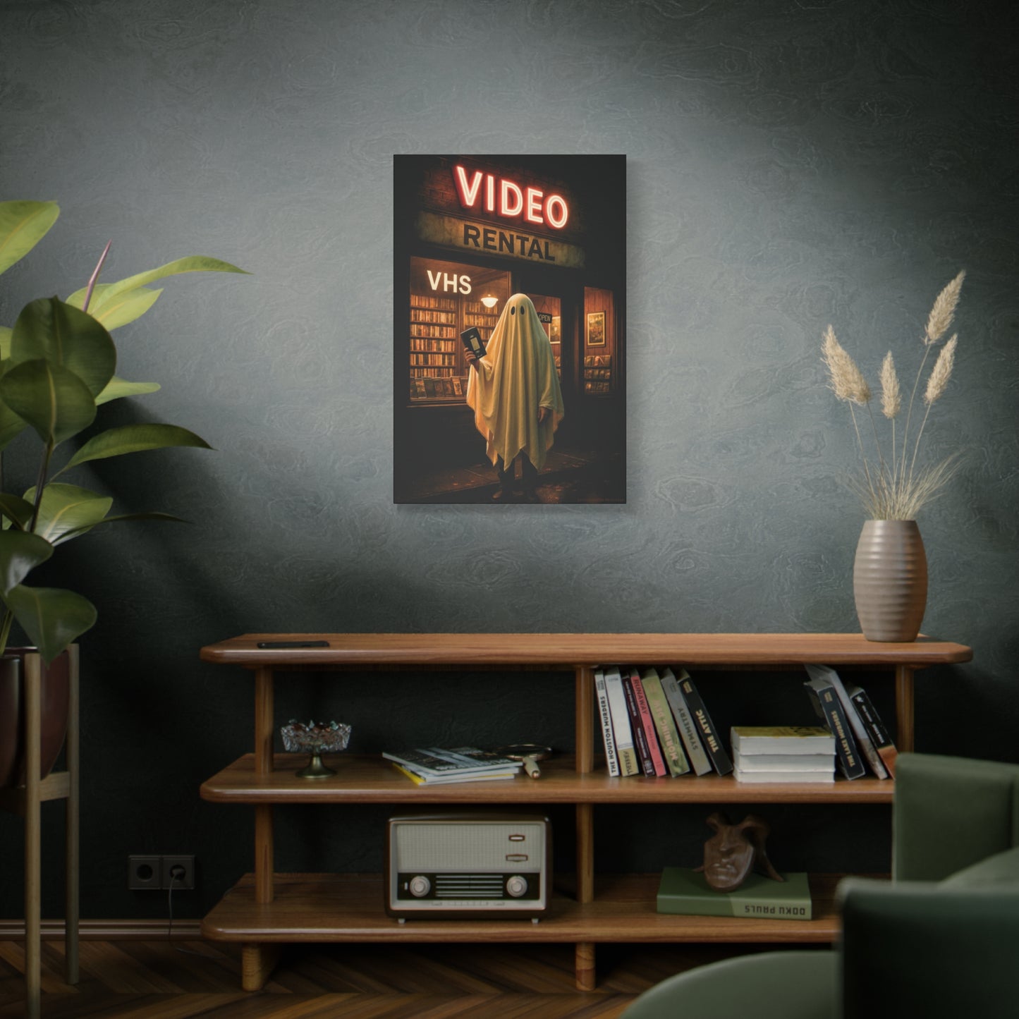 Retro Video Rental Ghost – VHS Nostalgia Matte Stretched Canvas Wall Art | 90s Spooky Decor