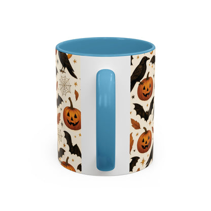Halloween Raven & Pumpkin Color Accent Mug – Gothic Crow, Bats & Jack-o’-Lantern Coffee Cup (11oz & 15oz) – Spooky Autumn Drinkware
