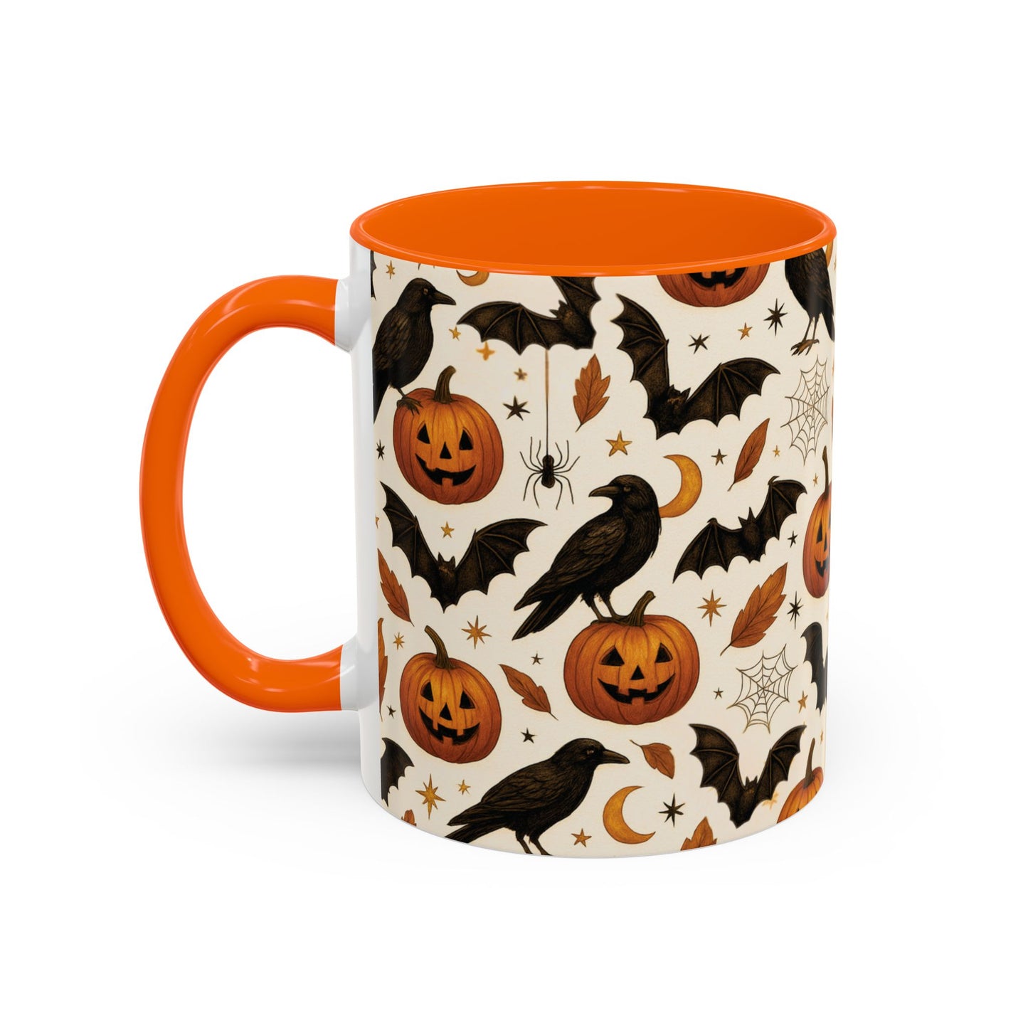 Halloween Raven & Pumpkin Color Accent Mug – Gothic Crow, Bats & Jack-o’-Lantern Coffee Cup (11oz & 15oz) – Spooky Autumn Drinkware