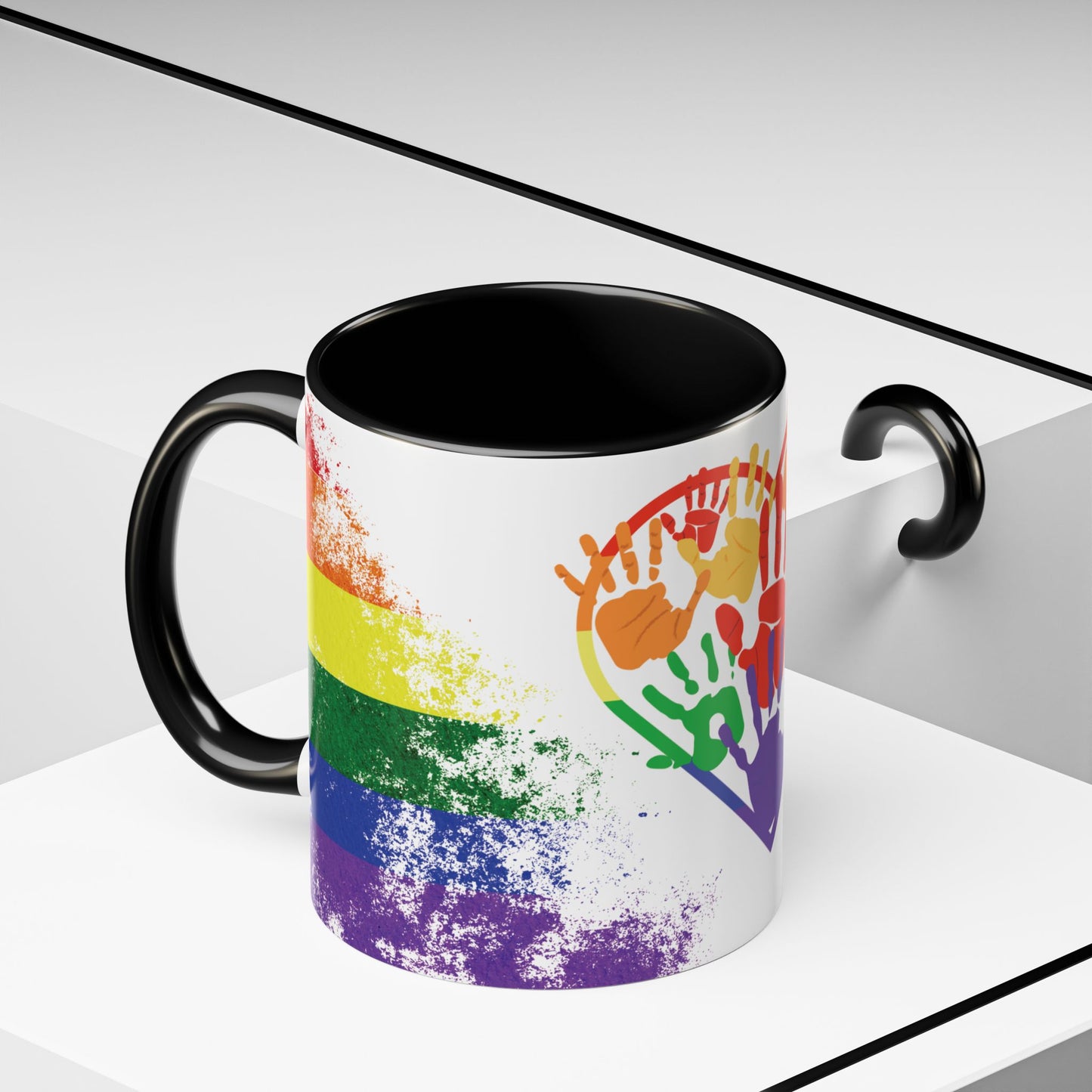 Handprint Heart Pride Mug | Rainbow Splash Ceramic Cup | 11oz & 15oz