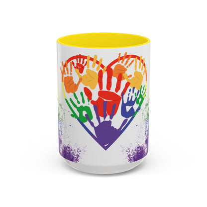Handprint Heart Pride Mug | Rainbow Splash Ceramic Cup | 11oz & 15oz