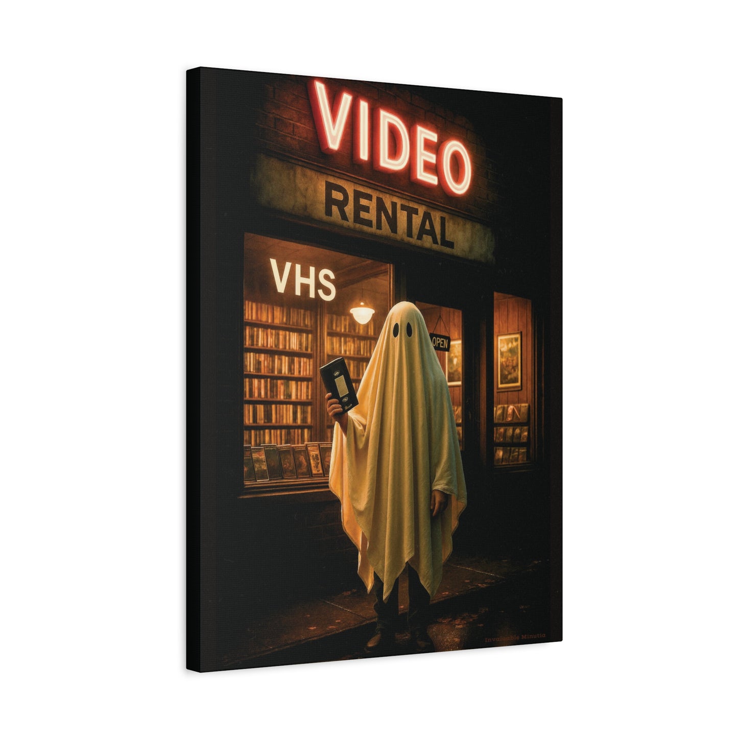 Retro Video Rental Ghost – VHS Nostalgia Matte Stretched Canvas Wall Art | 90s Spooky Decor