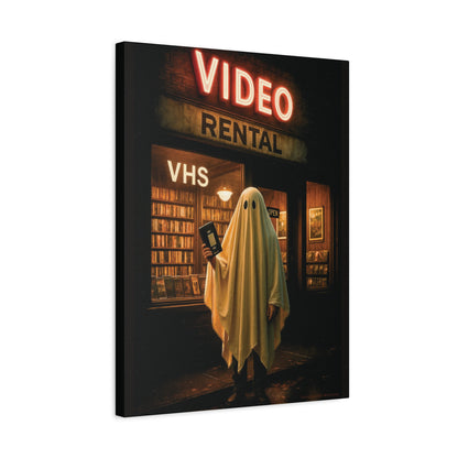 Retro Video Rental Ghost – VHS Nostalgia Matte Stretched Canvas Wall Art | 90s Spooky Decor