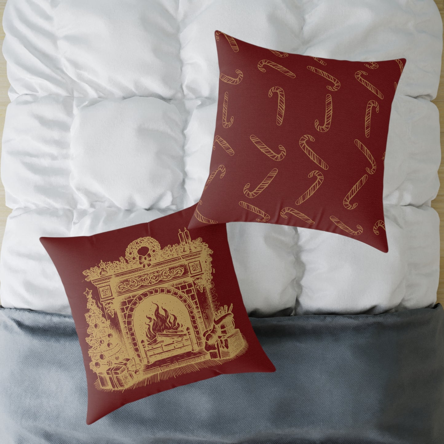 Vintage Fireplace Christmas Throw Pillow – Red & Gold Mantel with Candy Cane Pattern Back